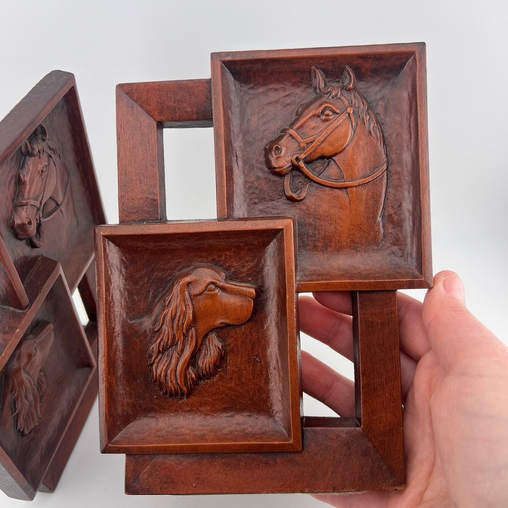 Vintage Wooden Horse Dog Bookends Carved Equestrian Shelf‎ Decor